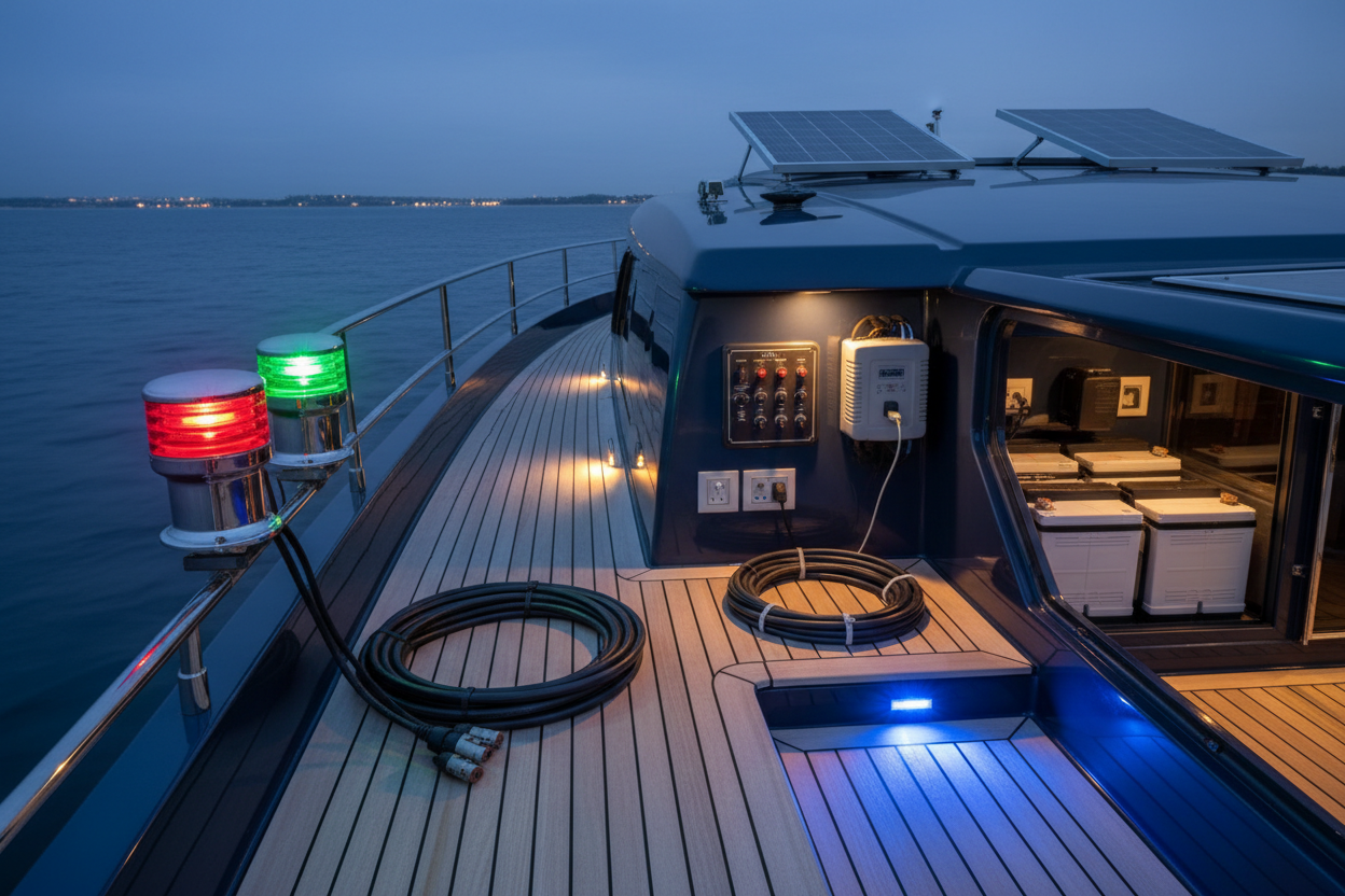 Ηλεκτρολογικός εξοπλισμός σκαφών με φώτα, πίνακες και μπαταρίες